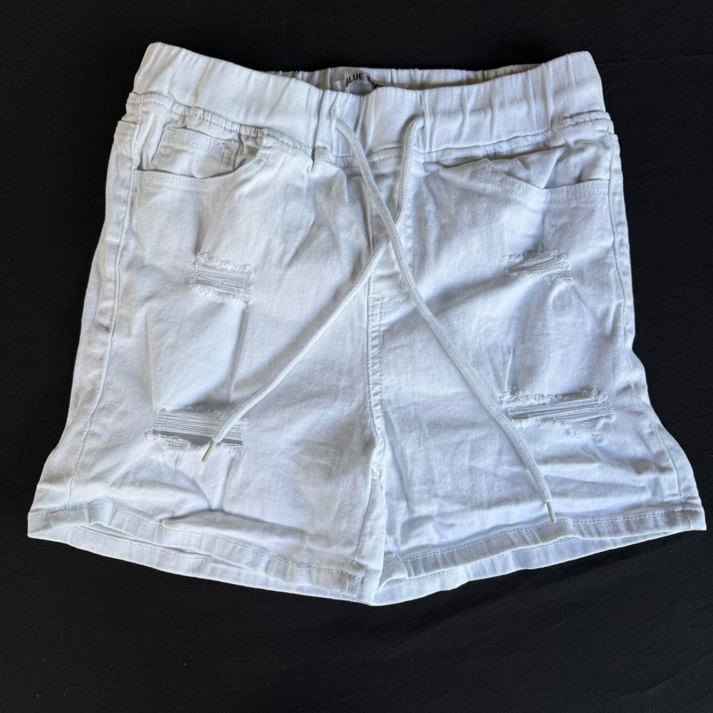 Blue Savvy Womens White Distressed Denim Shorts Elastic Drawstring Waist 7/28